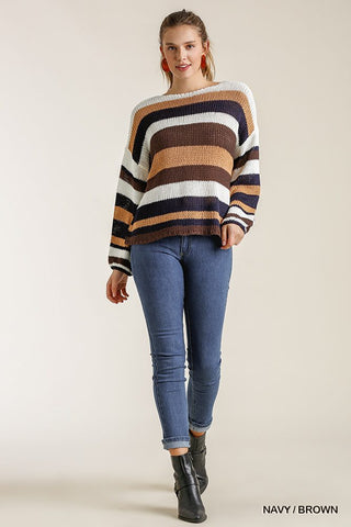 THE YARA Multicolored Stripe Round Neck Long Sleeve Knit Sweater