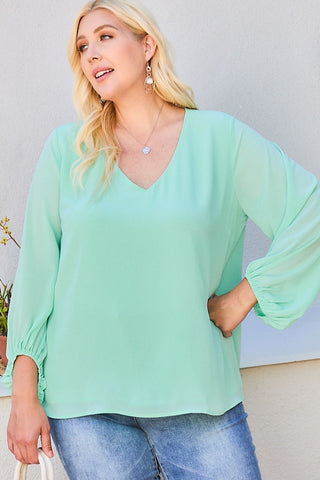THE APRIL V Neck Bubble Sleeve Solid Top