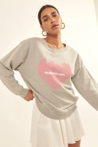 VINTAGE LOVER Vintage-style Heart Graphic Print French Terry Knit Sweatshirt